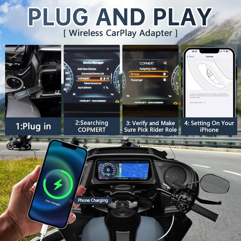 COPMERT Bypass Motorcycle Wireless CarPlay Bluetooth Adapter 2025 Street Glide Accessories with Passthrough USB-C Charging Port - Image 3